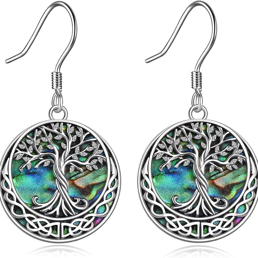 Sterling Silver Tree Of Life Earrings Abalone Shell Dangle Women Jewelry